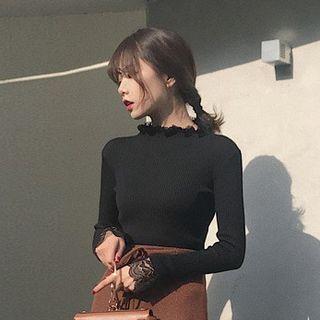 Lace-trim Mock-neck Knit Pullover