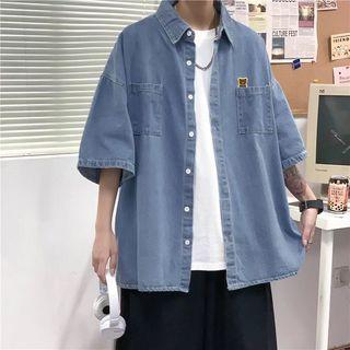Elbow-sleeve Bear Denim Shirt