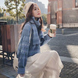 Set: Color-block Loose-fit Sweater + Scarf
