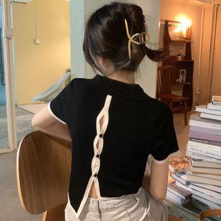 Short-sleeve Contrast Trim Asymmetrical Hem Cutout-back Crop Top