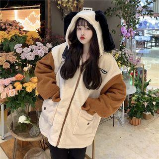 Ear Accent Dog Embroidered Fleece Zip-up Hoodie
