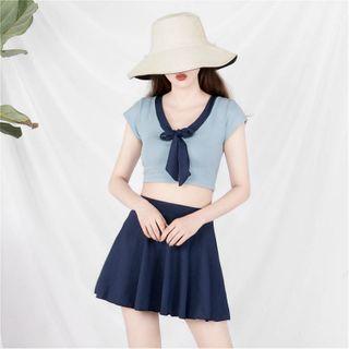 Set: Two-tone Short-sleeve Tankini + Swim Skirt