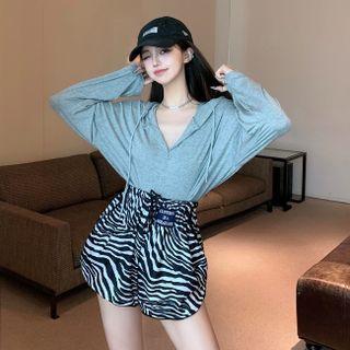Button-up Hooded Oversize Top / High Waist Zebra Print Drawstring Shorts
