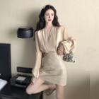 Plain V-neck Lantern-sleeve Blouse / High-waist Mini A-line Skirt