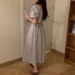 Puff-sleeve Flower Print Open Back Midi A-line Dress