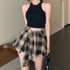 Halter Crop Tank Top / Plaid Mini A-line Skort