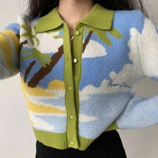 Cropped Lapel Jacquard Cardigan As Shown In Figure - One Size