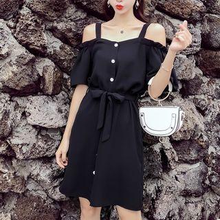 Short-sleeve Cold-shoulder Dress With Sash
