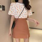 Short-sleeve Dotted T-shirt / A-line Skirt