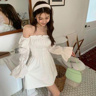 Bell-sleeve Off-shoulder Mini A-line Dress White - One Size
