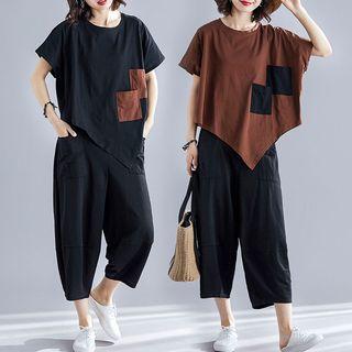 Set : Plain Asymmetrical Short-sleeve T Shirt + Cropped Pants