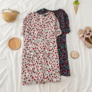 Rose Print V-neck Short Sleeve Shift Dress