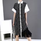 Short-sleeve Printed Irregular Midi Shirtdress Black - One Size