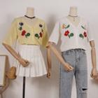 Short-sleeve Embroidered Flower Buttoned Knit Top White - One Size