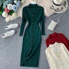 Bead-detail Long-sleeve V-neck Knit Dress