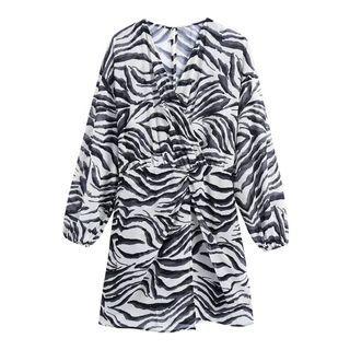 Long-sleeve V-neck Zebra Print Slit Mini A-line Dress