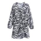 Long-sleeve V-neck Zebra Print Slit Mini A-line Dress