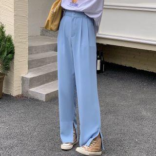 High-waist Plain Slit-hem Wide-leg Pants