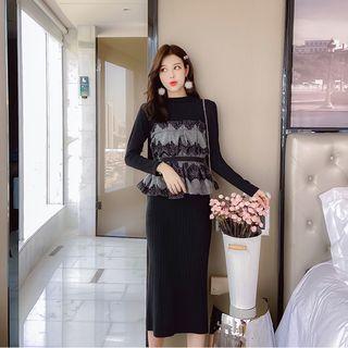 Set: Mock Two-piece Lace-panel Top + Knit Skirt