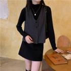 Set: Long-sleeve Mock-neck Mini Dress + Button Vest Set - Gray - One Size