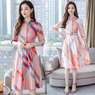 Elbow-sleeve Pattern A-line Midi Dress