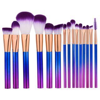 Set Of 15: Makeup Brushes G-15-015 - 15 Pcs - Purple Hair - Gradient - Pink & Blue - One Size