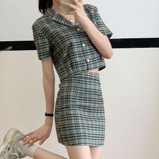 Set: Short-sleeve Plaid Crop Shirt + Mini Pencil Skirt Set Of 2 - Green - M