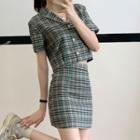 Set: Short-sleeve Plaid Crop Shirt + Mini Pencil Skirt Set Of 2 - Green - M