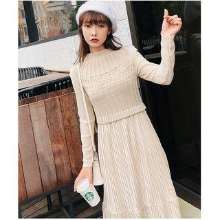 Mock Two-piece Mock Neck Midi A-line Sweater Dress Almond - One Size