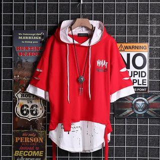 Mock Two-piece 3/4-sleeve Ripped Hooded T-shirt
