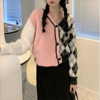 Argyle Panel Color Block Cardigan Pink & White - One Size