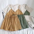 Set:mock Two-piece Plaid Strap Panel Short-sleeve Top + Shorts