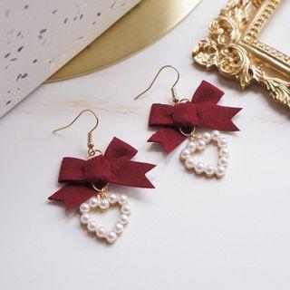 Ribbon Heart Faux Pearl Alloy Dangle Earring