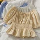 Off-shoulder Ribbon-neckline Smocked Top