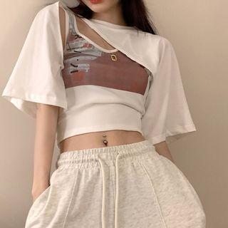 Print Crop Tank Top / Elbow-sleeve Shrug