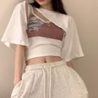 Print Crop Tank Top / Elbow-sleeve Shrug