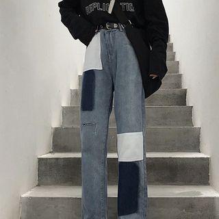Distressed Color-block High-waist Jeans