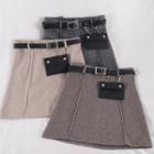 Woolen Mini A-line Skirt With Belt