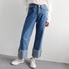 Washed Cuffed Straight Leg Jeans