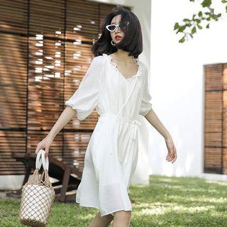 Set: Plain Slipdress + V-neck Elbow-sleeve Dress