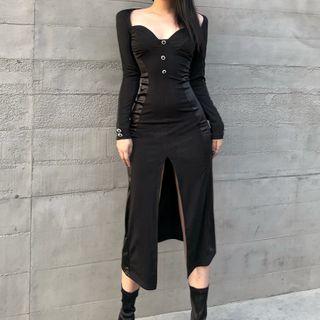 Square-neck Long Sleeve Slit-front Dress
