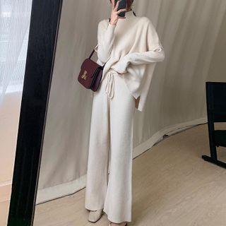 Set: Mock Neck Knit Top + Wide Leg Pants + Vest
