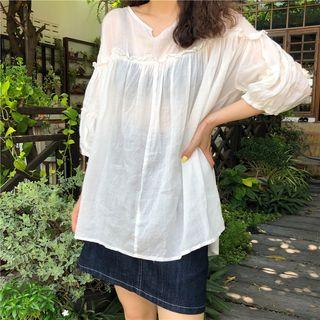 Elbow-sleeve Plain Blouse White - One Size
