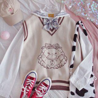 Contrast Trim Cartoon Bear Print Knit Vest Almond - One Size