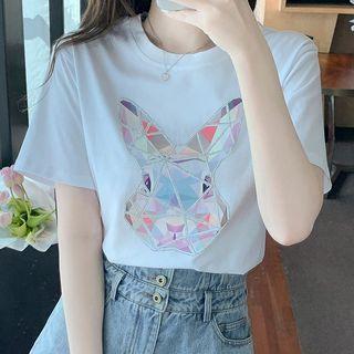Short-sleeve Rabbit Print Rhinestone T-shirt