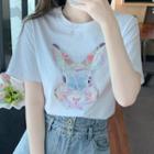 Short-sleeve Rabbit Print Rhinestone T-shirt