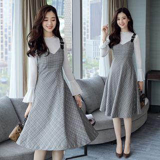 Set: Long-sleeve Top + Buckled Plaid Jumper Dress