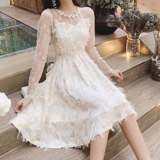 Long-sleeve Fringed Lace A-line Dress