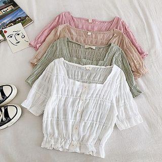 Plain Square-neck Frilled Short-sleeve Blouse
