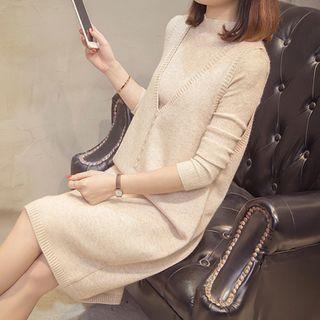 Set: Long-sleeve Knit Top + Overall Dress